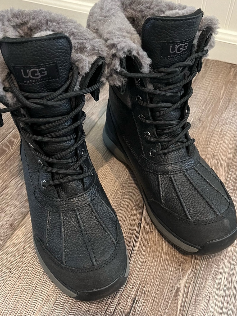 UGG Black Lace-Up Waterproof Winter Boots with Gray Shearling Collar